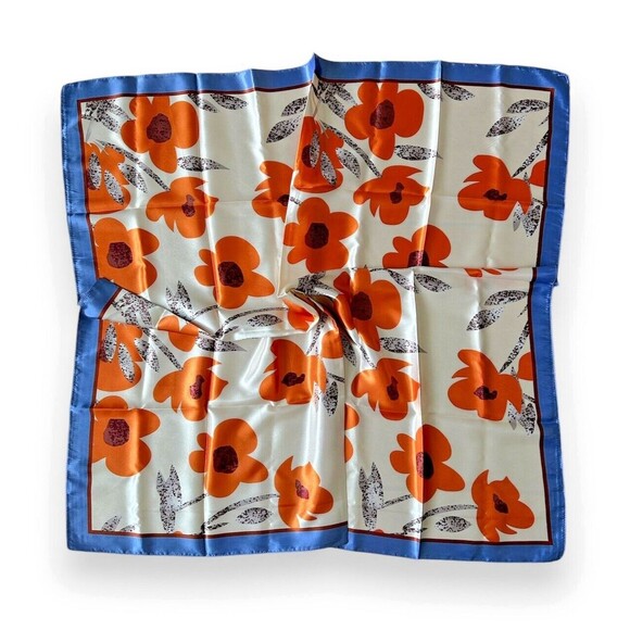 Blue Edges & Orange Floral Square Scarf 35” X 35” White Women Headscarf Scarve - Picture 2 of 2